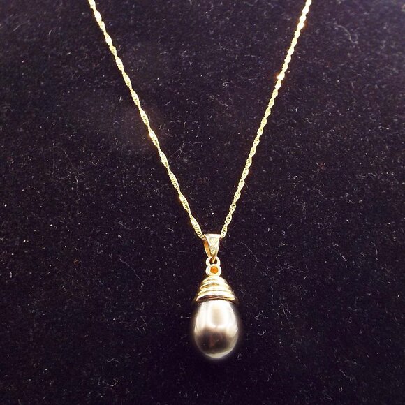 TAHITIAN 10 MM BLACK PEARL TEARDROP 14K GOLD CHAIN & SETTING NECKLACE 16 - Picture 3 of 4